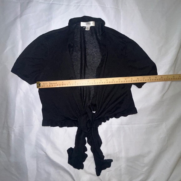 White House Black Market Tie Front Shrug Cardigan Short Sleeves Cropped Black M - Picture 4 of 7